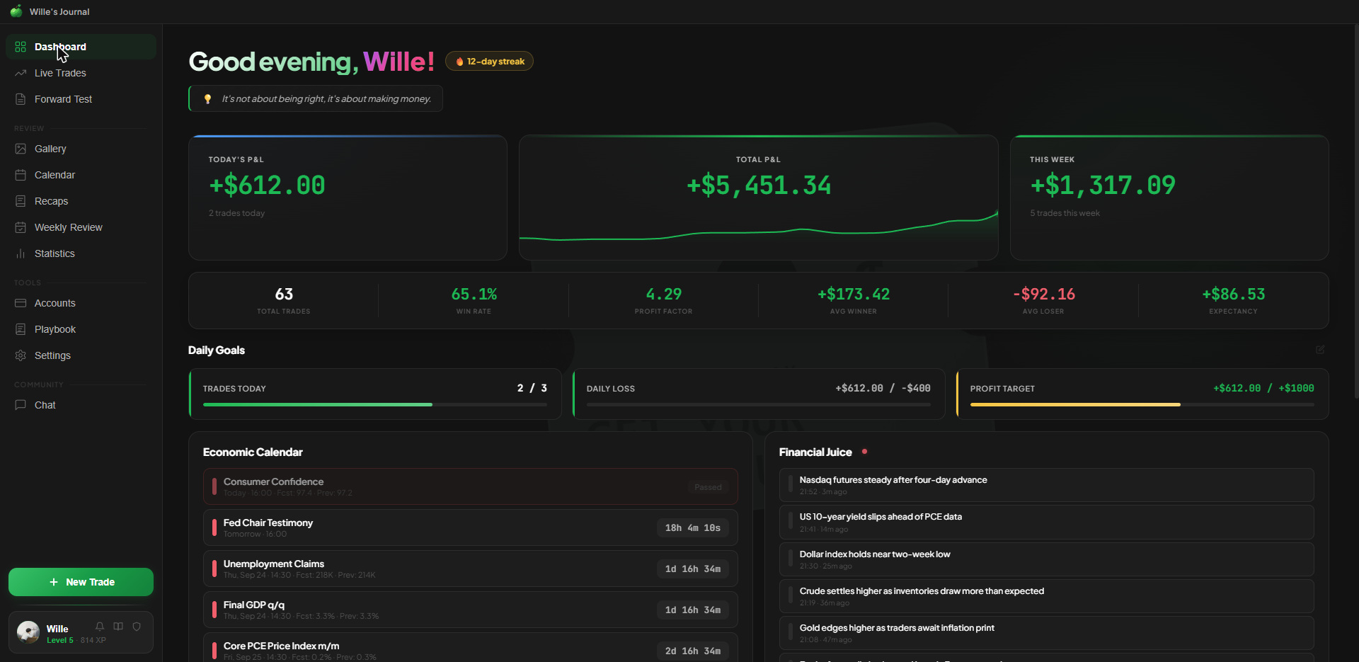 The dashboard, showing today's P&L, daily goals and this week's trades